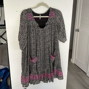 Free People Penny Lane Black Lavender Floral Chiffon Boho BabyDoll Dress XS